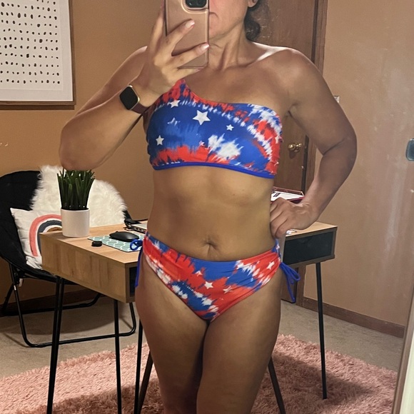 4th of July VS Pink Flag Tank & Tie Dye red white blue stars bikini SZ M - Picture 3 of 8